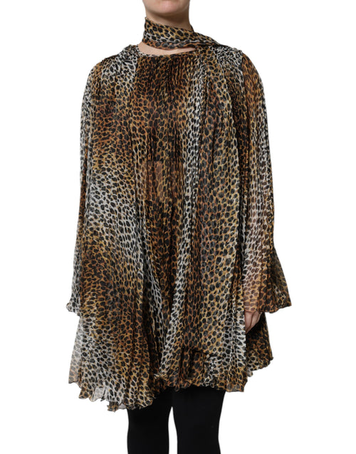 Dolce & Gabbana Brown Leopard Print Scarf Collared Chiffon Dress - ClickThatClicks 