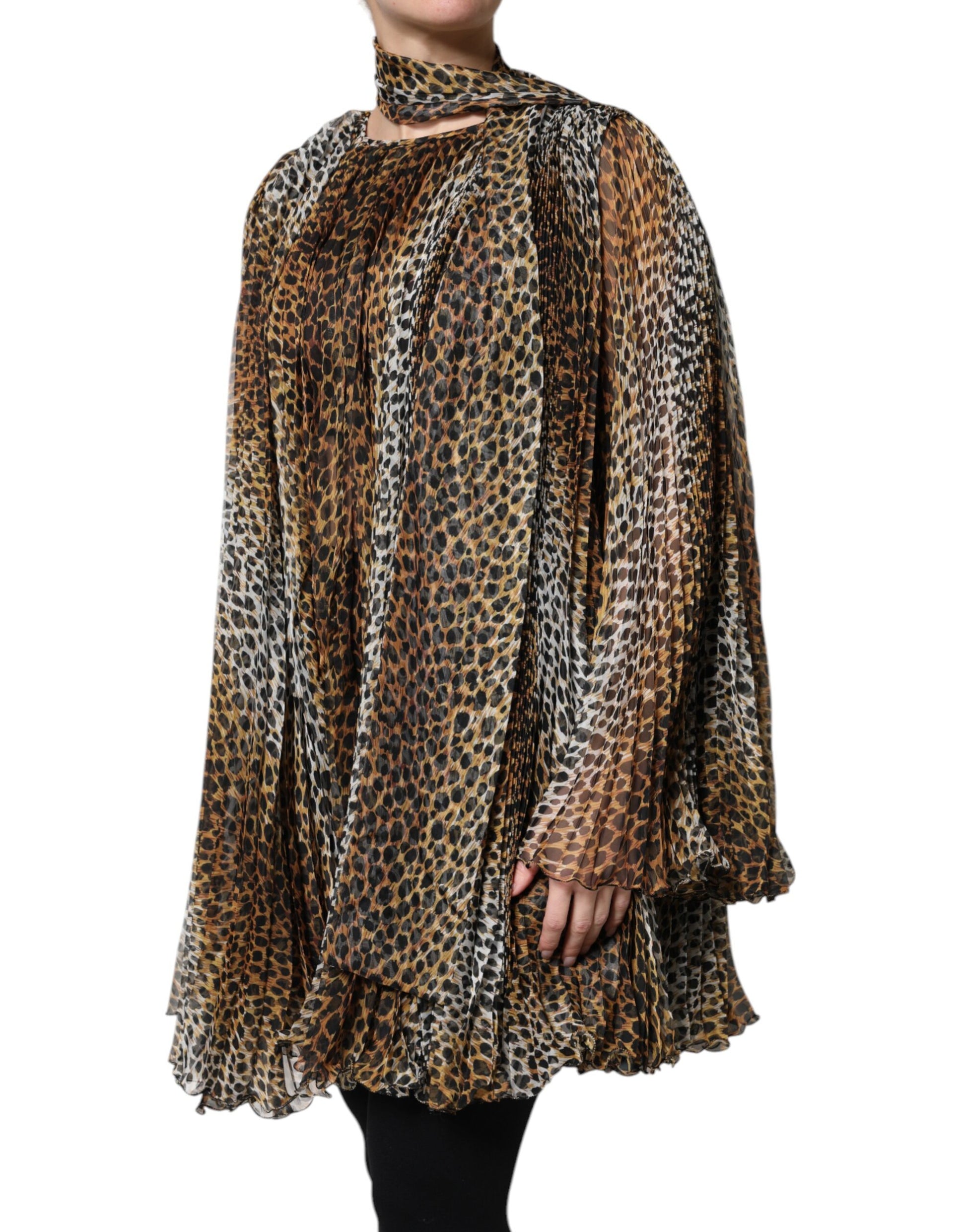 Dolce & Gabbana Brown Leopard Print Scarf Collared Chiffon Dress - ClickThatClicks 