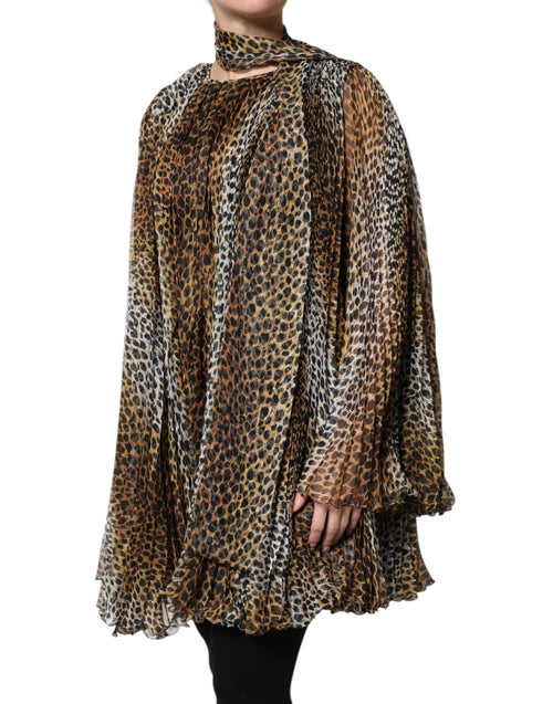 Dolce & Gabbana Brown Leopard Print Scarf Collared Chiffon Dress - ClickThatClicks 