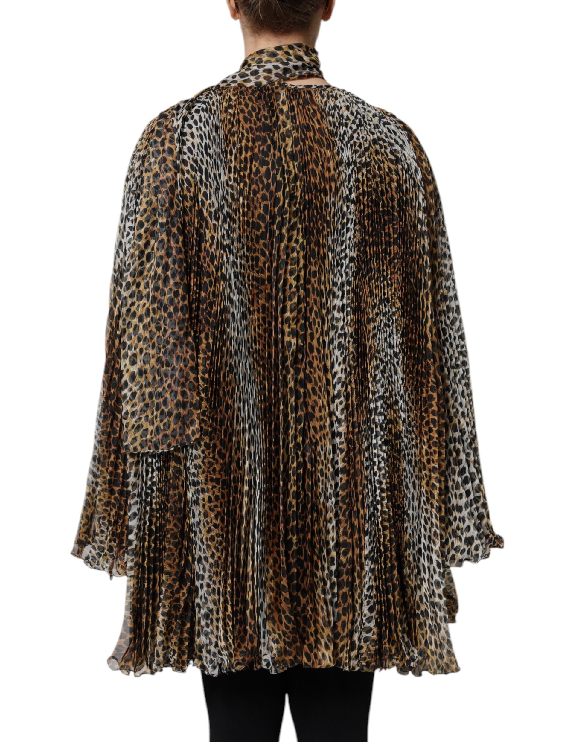 Dolce & Gabbana Brown Leopard Print Scarf Collared Chiffon Dress - ClickThatClicks 