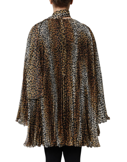 Dolce & Gabbana Brown Leopard Print Scarf Collared Chiffon Dress - ClickThatClicks 