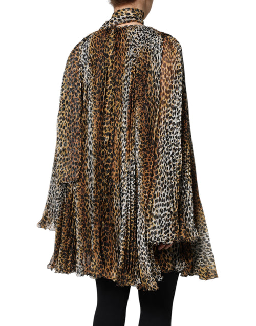 Dolce & Gabbana Brown Leopard Print Scarf Collared Chiffon Dress - ClickThatClicks 