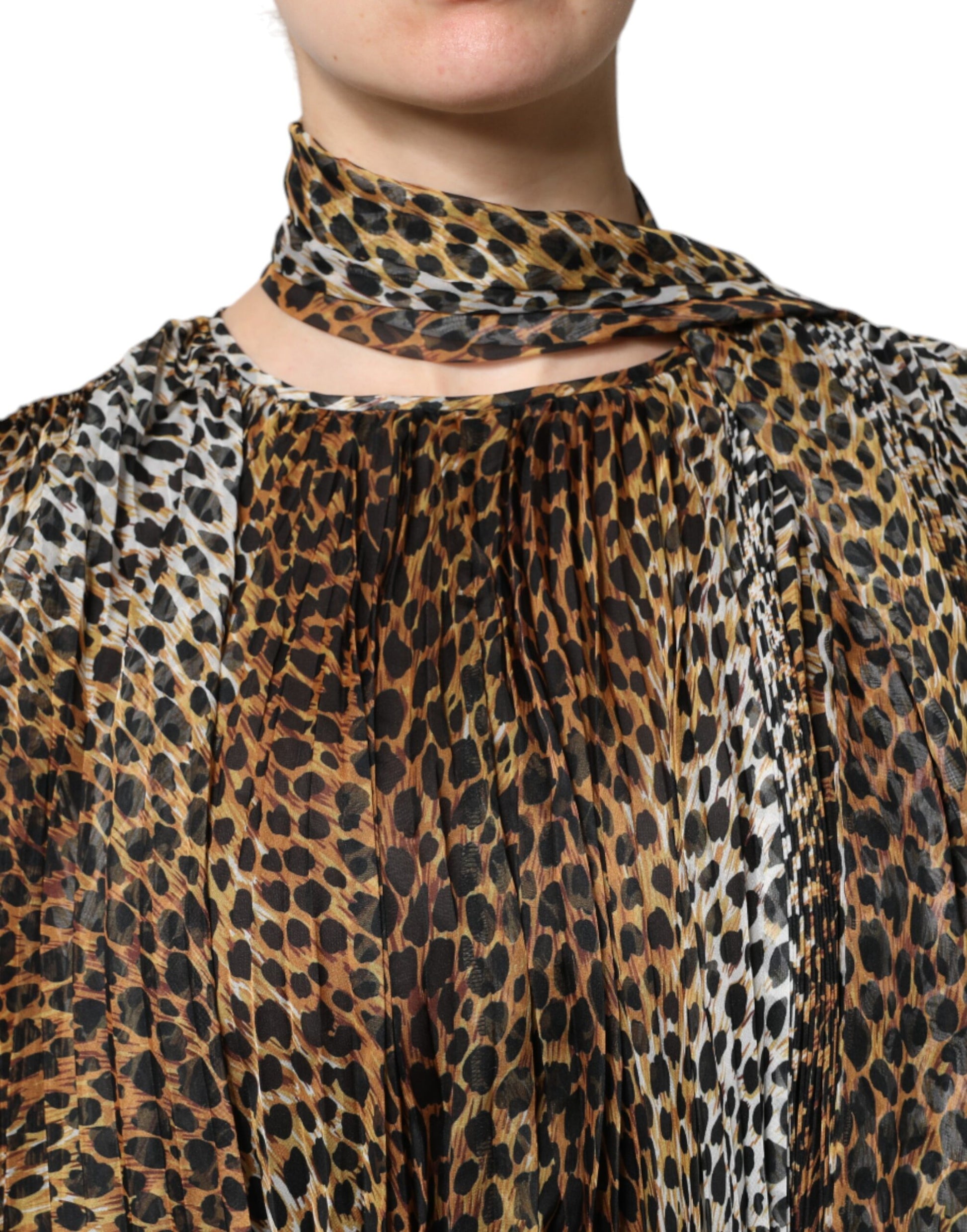Dolce & Gabbana Brown Leopard Print Scarf Collared Chiffon Dress - ClickThatClicks 