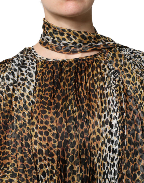 Dolce & Gabbana Brown Leopard Print Scarf Collared Chiffon Dress - ClickThatClicks 