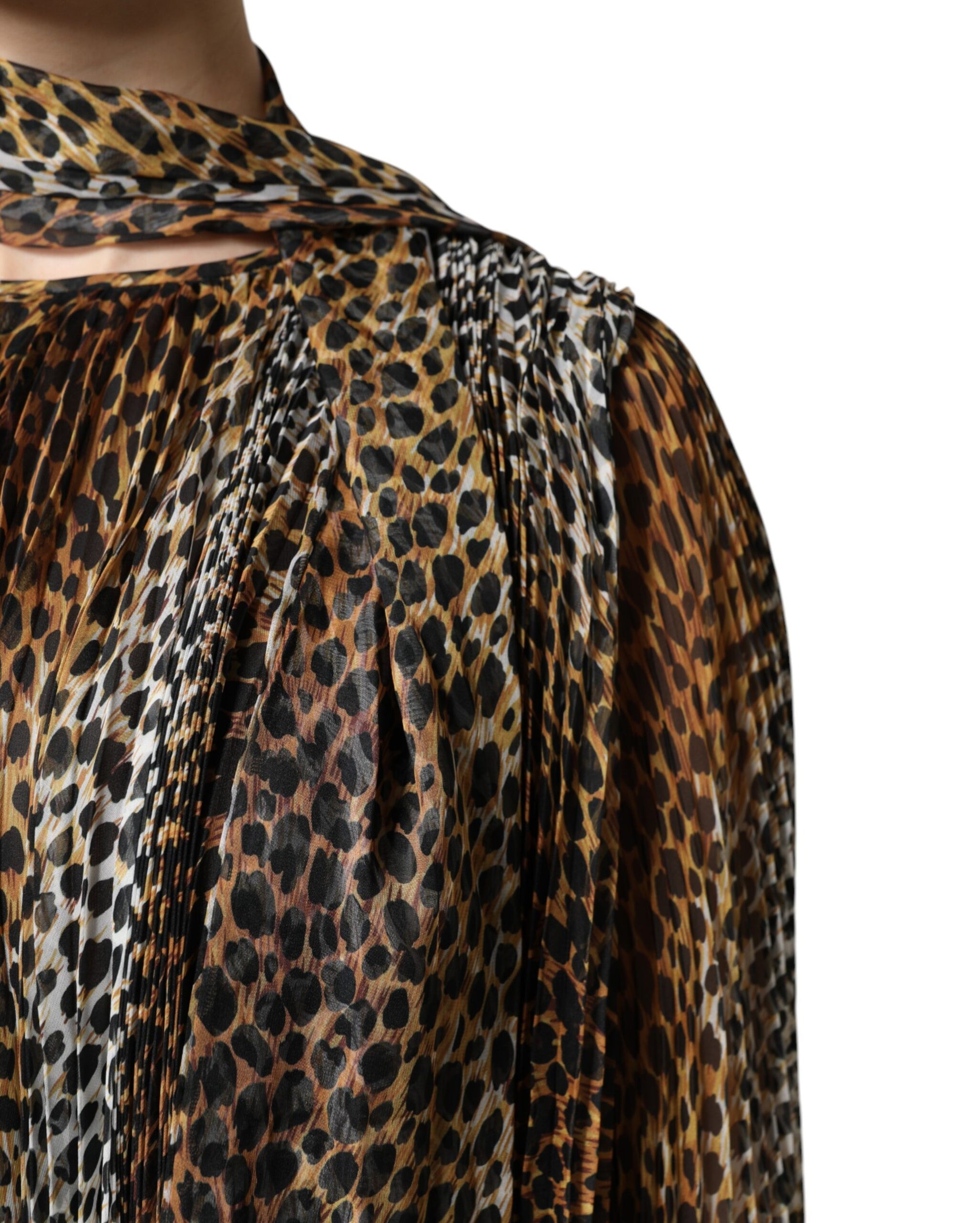 Dolce & Gabbana Brown Leopard Print Scarf Collared Chiffon Dress - ClickThatClicks 