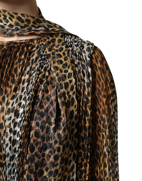 Dolce & Gabbana Brown Leopard Print Scarf Collared Chiffon Dress - ClickThatClicks 