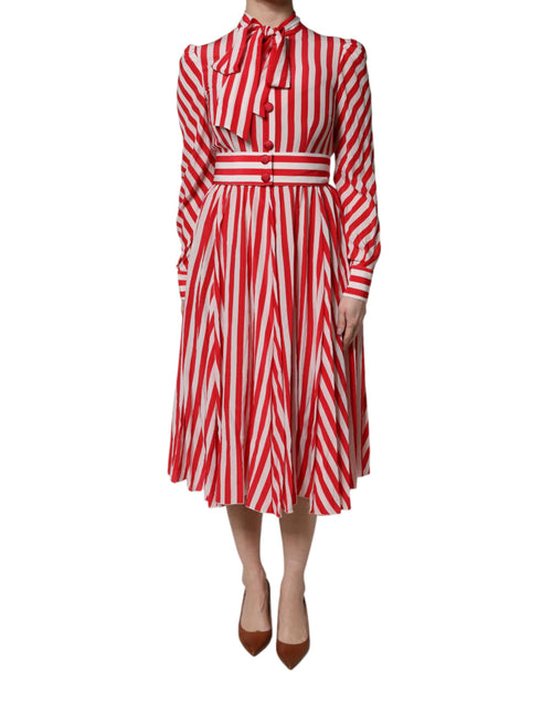 Dolce & Gabbana White Red Stripes Long Sleeves Midi Dress - ClickThatClicks 