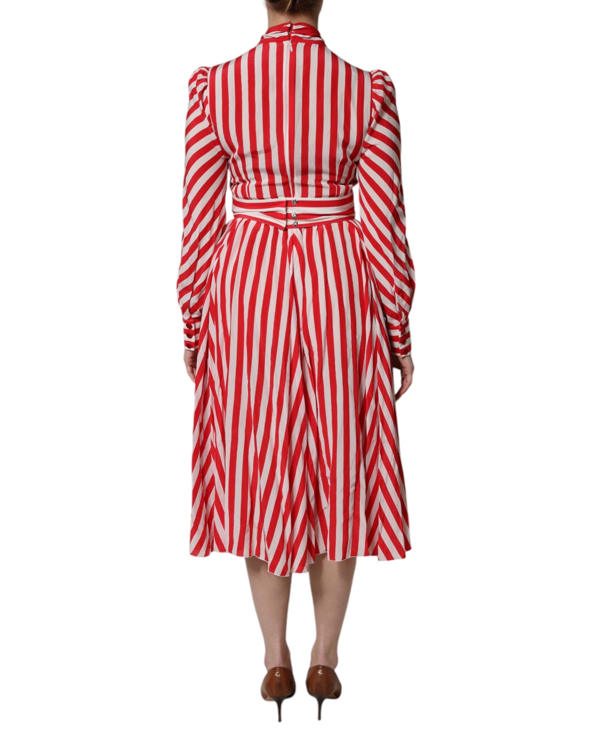 Dolce & Gabbana White Red Stripes Long Sleeves Midi Dress - ClickThatClicks 