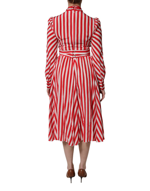 Dolce & Gabbana White Red Stripes Long Sleeves Midi Dress - ClickThatClicks 