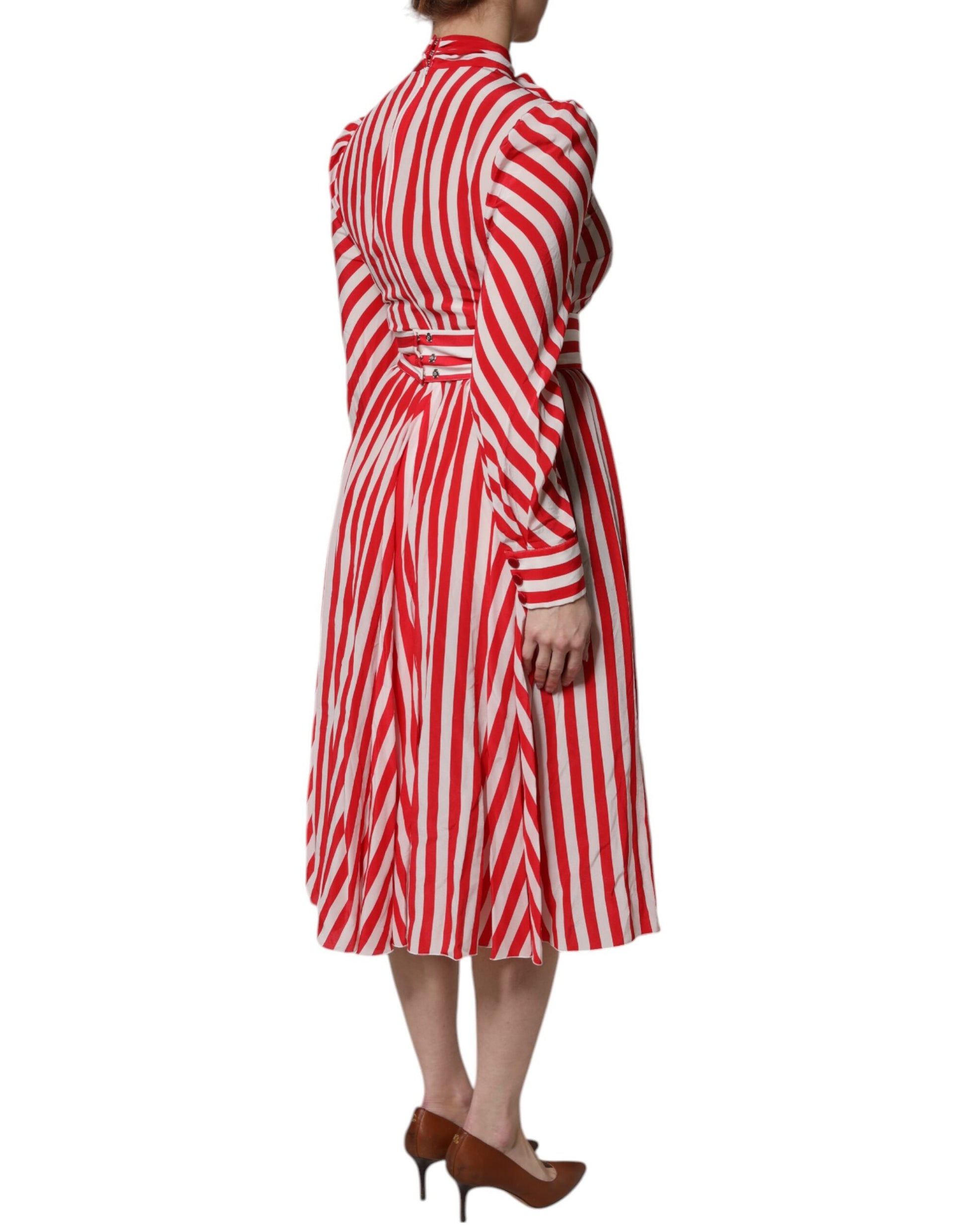 Dolce & Gabbana White Red Stripes Long Sleeves Midi Dress - ClickThatClicks 