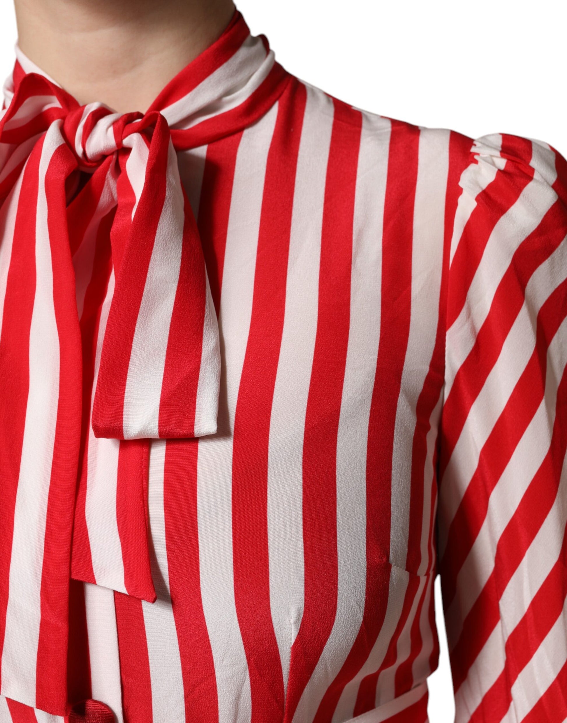 Dolce & Gabbana White Red Stripes Long Sleeves Midi Dress - ClickThatClicks 