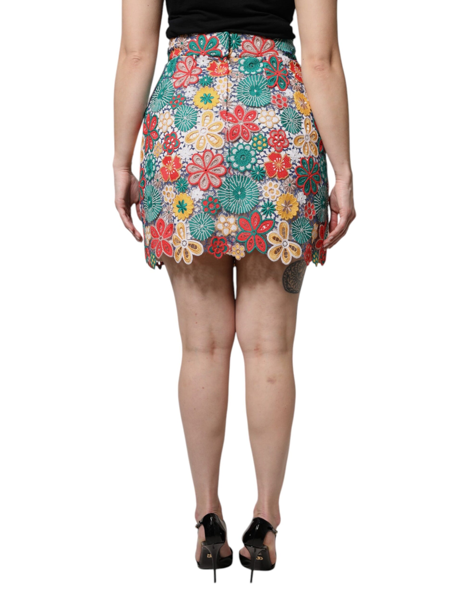 Dolce & Gabbana Multicolor Floral Lace High Waist Mini Skirt - ClickThatClicks 