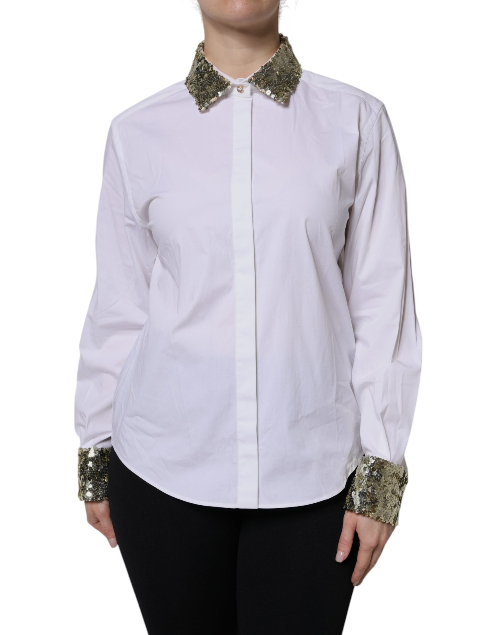 Dolce & Gabbana White Cotton Long Sleeves Sequin Shirt Top - ClickThatClicks 