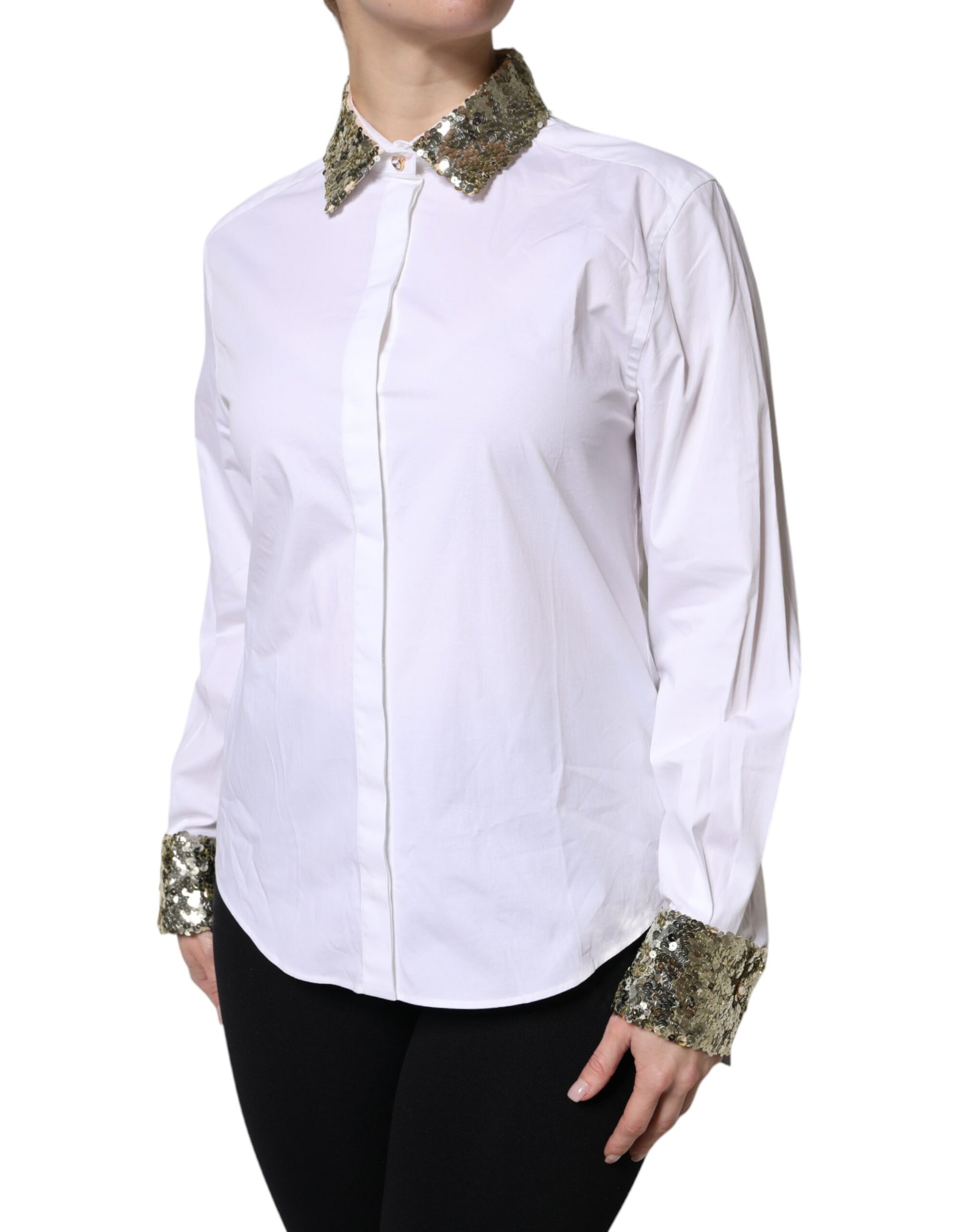 Dolce & Gabbana White Cotton Long Sleeves Sequin Shirt Top - ClickThatClicks 