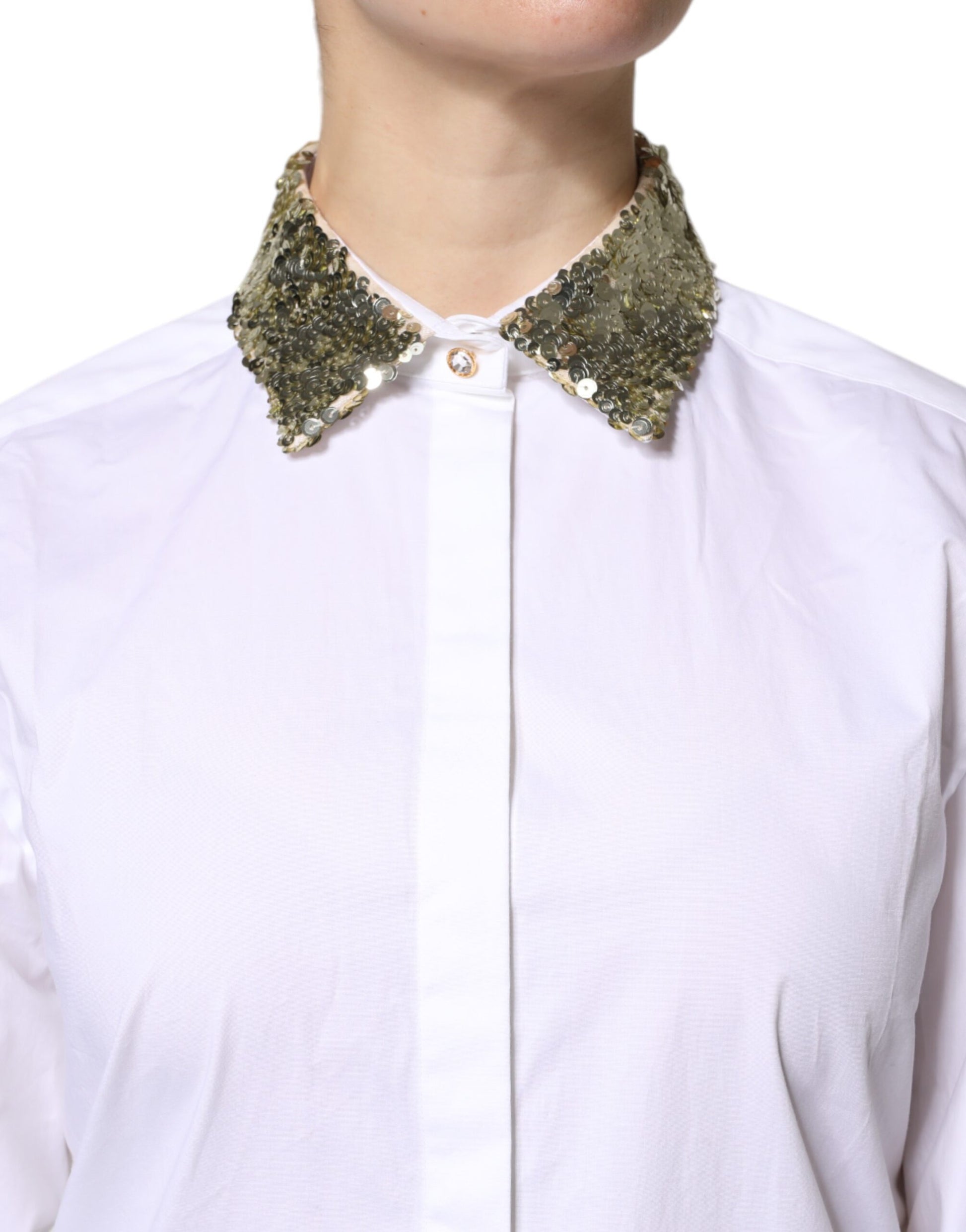 Dolce & Gabbana White Cotton Long Sleeves Sequin Shirt Top - ClickThatClicks 