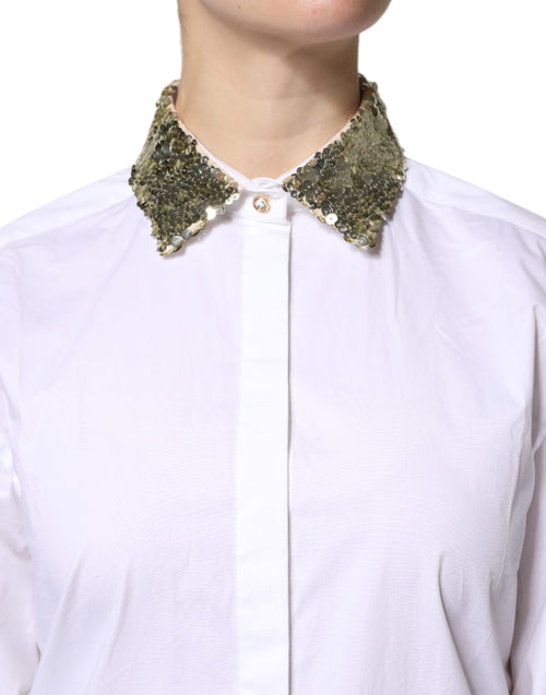 Dolce & Gabbana White Cotton Long Sleeves Sequin Shirt Top - ClickThatClicks 