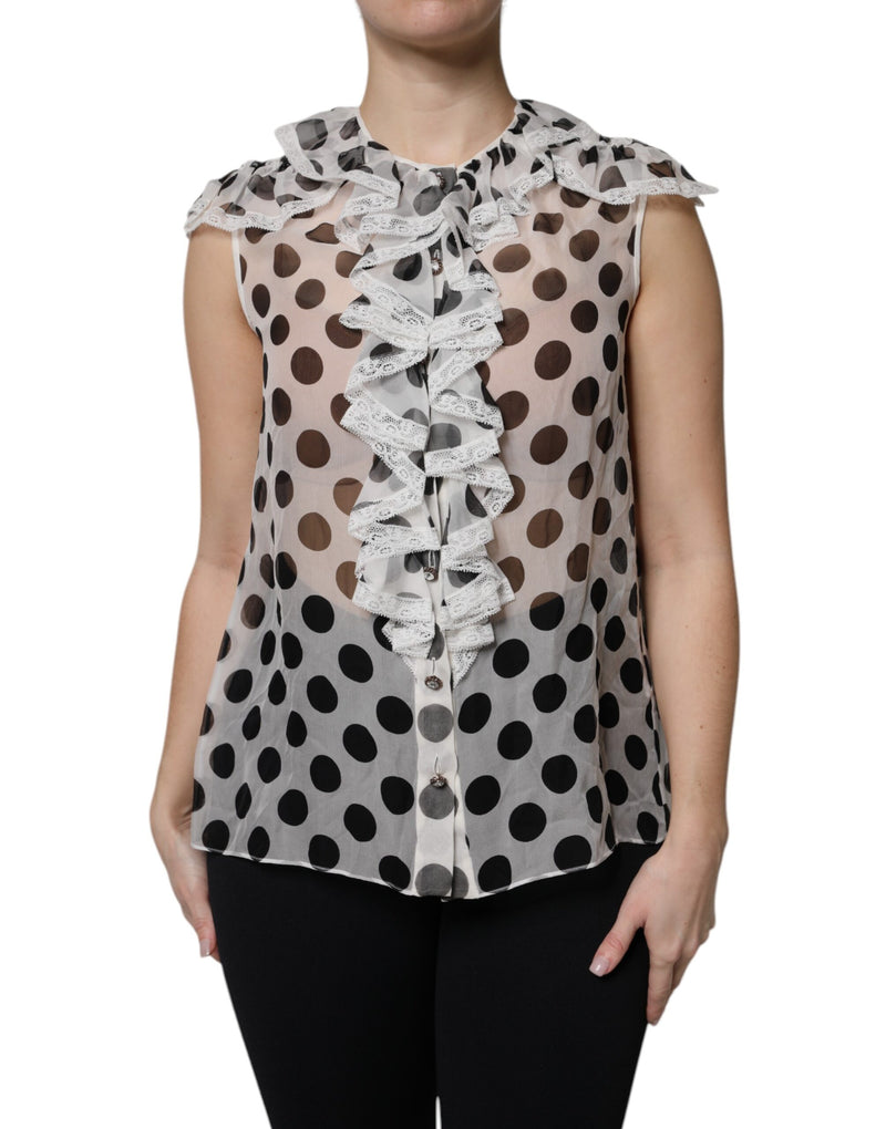 Dolce & Gabbana White Black Polka Dot Cotton Sleeveless Top