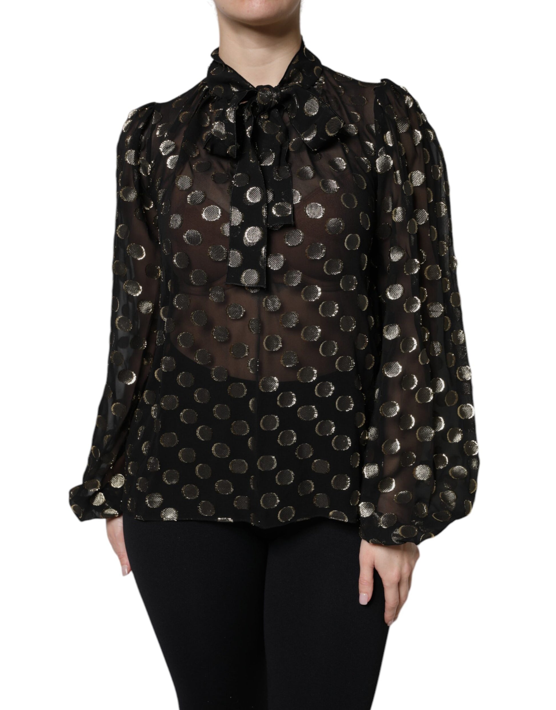 Dolce & Gabbana Black Sheer Tied Neck Polka Dots Blouse Top - ClickThatClicks 