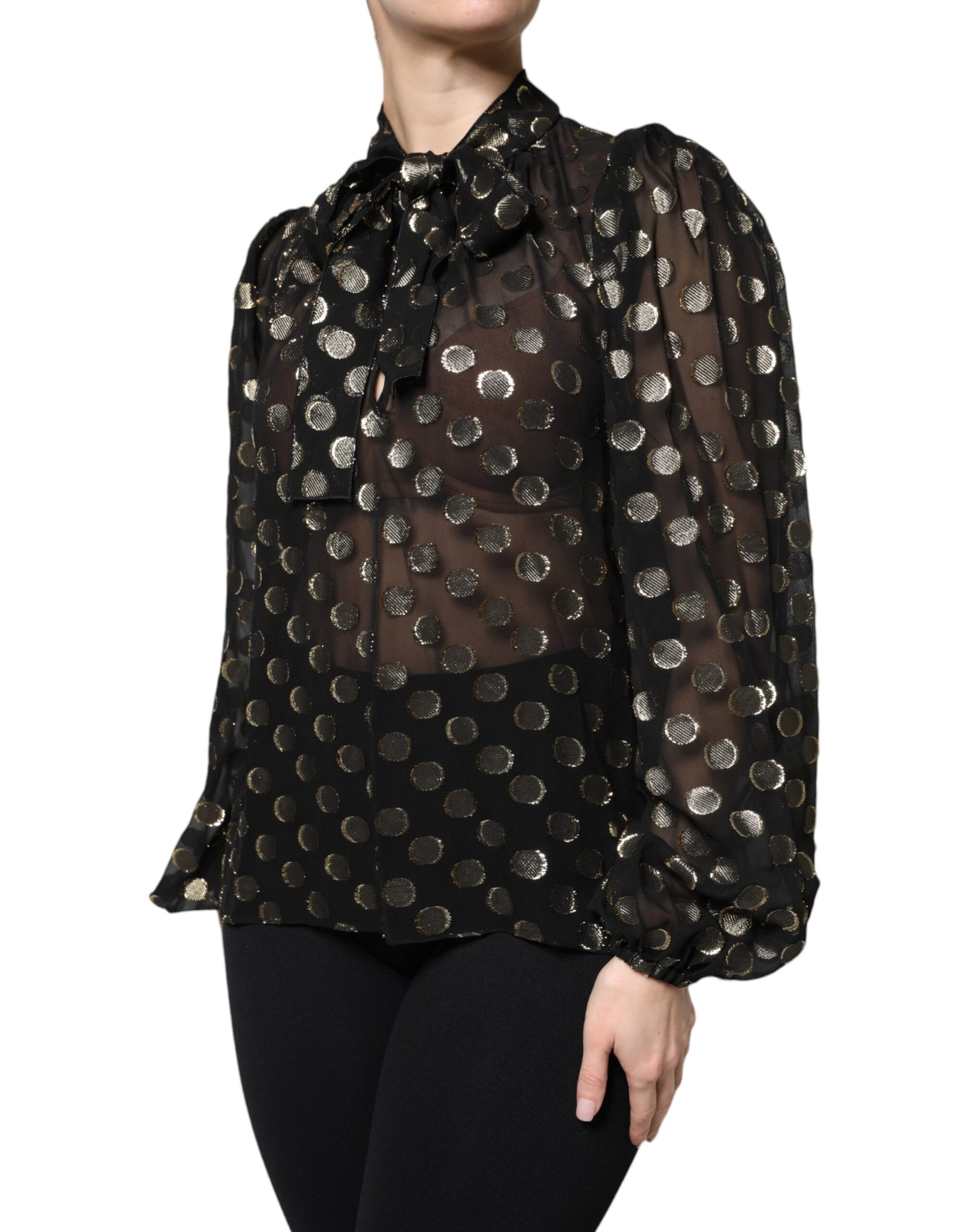 Dolce & Gabbana Black Sheer Tied Neck Polka Dots Blouse Top - ClickThatClicks 