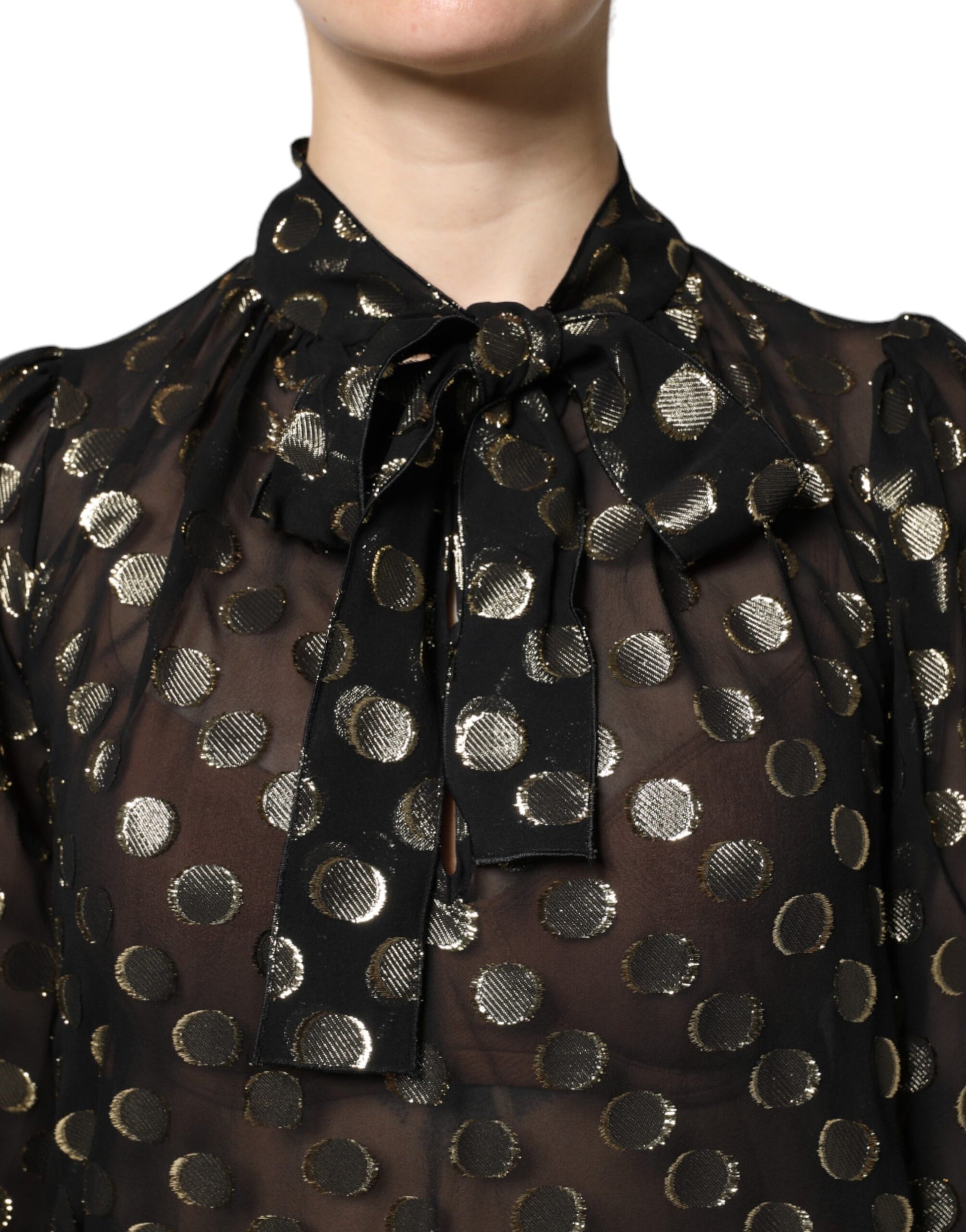 Dolce & Gabbana Black Sheer Tied Neck Polka Dots Blouse Top - ClickThatClicks 