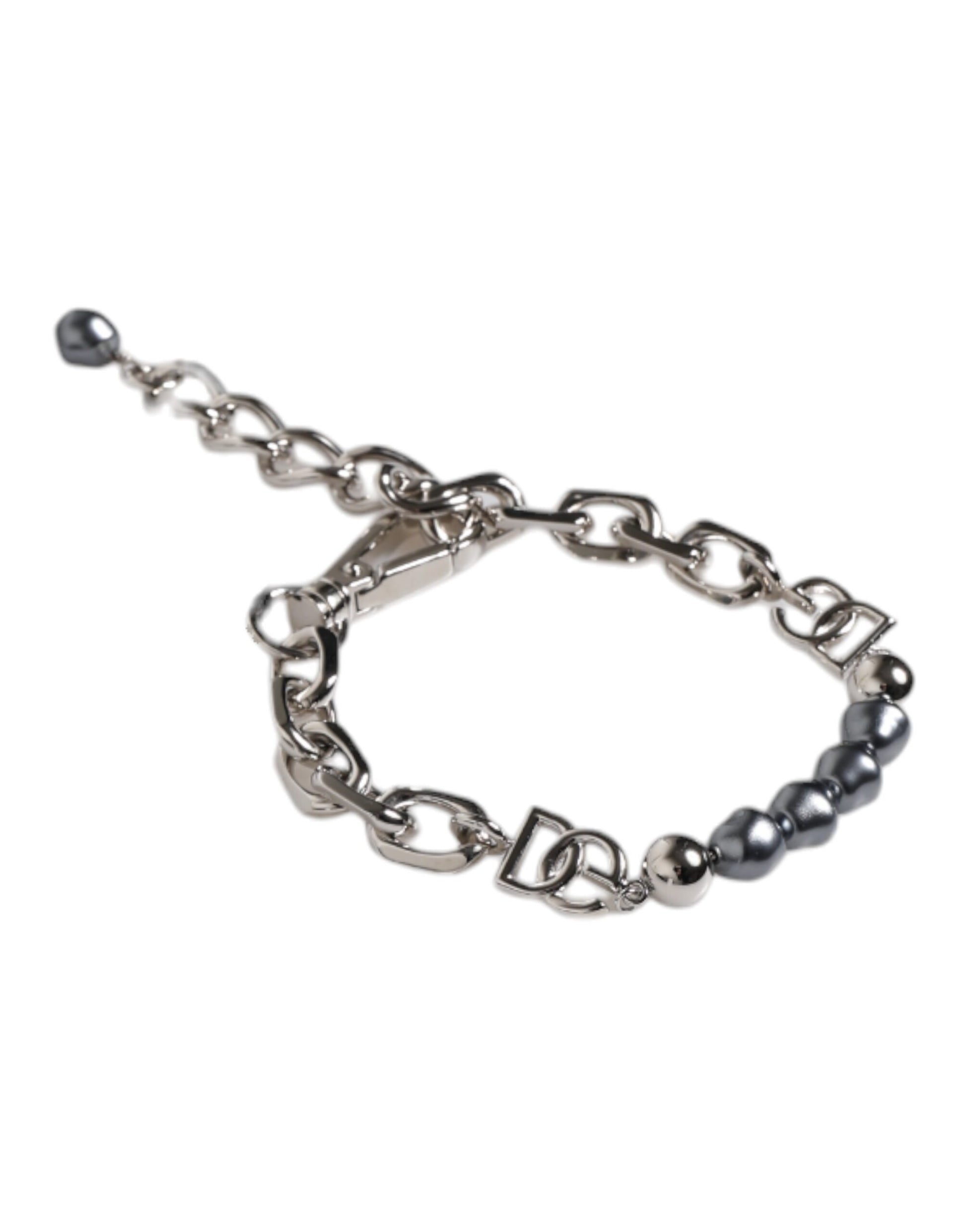 Dolce & Gabbana Silver Tone Chain Lobster Clasp Logo Gray Pearls Bracelet - ClickThatClicks 
