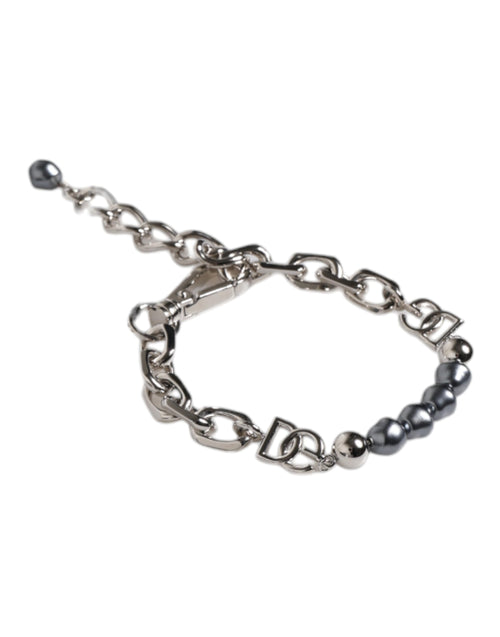 Dolce & Gabbana Silver Tone Chain Lobster Clasp Logo Gray Pearls Bracelet - ClickThatClicks 