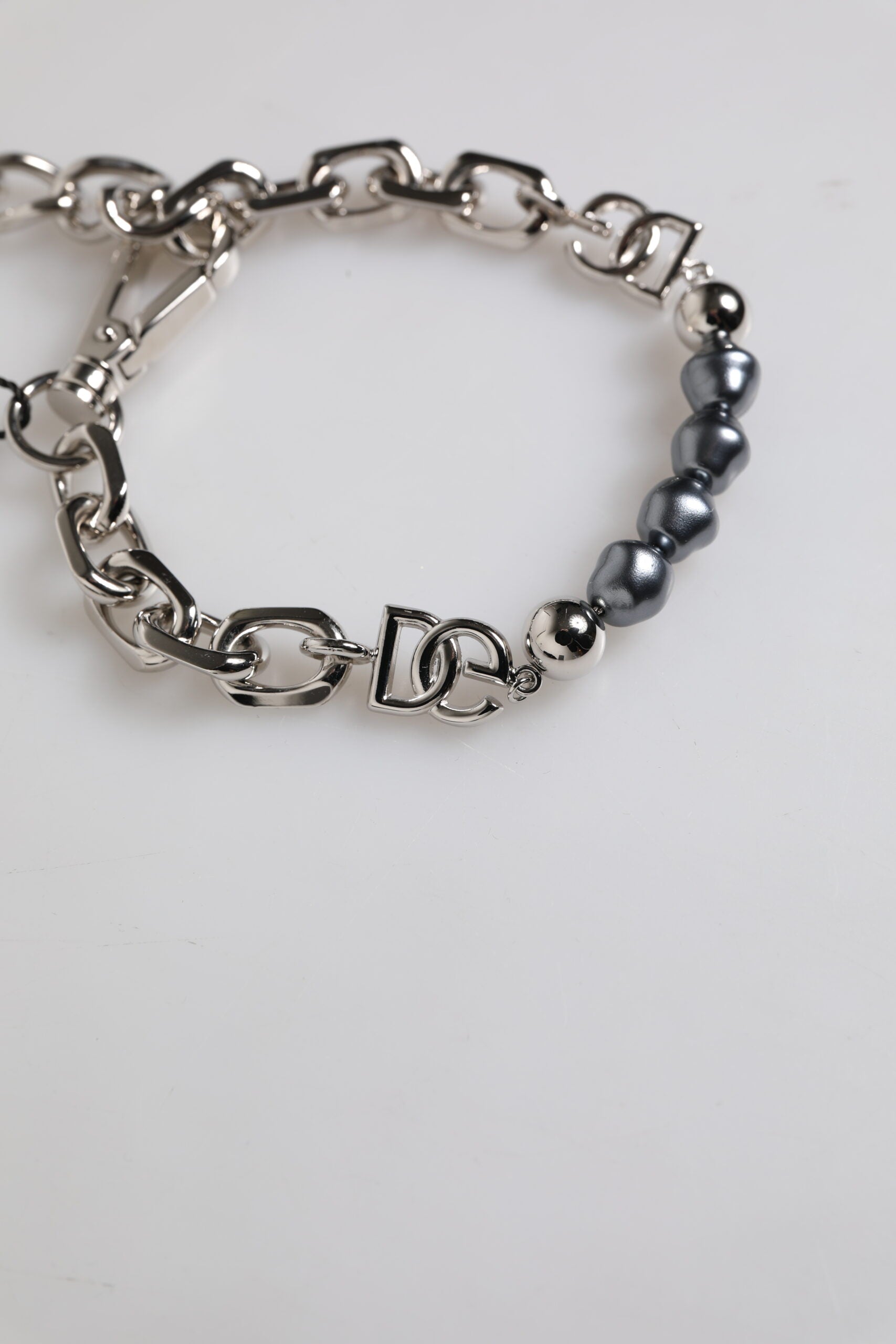 Dolce & Gabbana Silver Tone Chain Lobster Clasp Logo Gray Pearls Bracelet - ClickThatClicks 