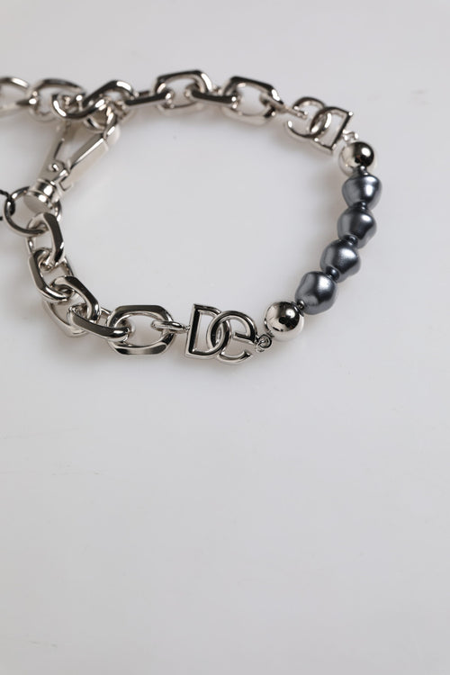 Dolce & Gabbana Silver Tone Chain Lobster Clasp Logo Gray Pearls Bracelet - ClickThatClicks 