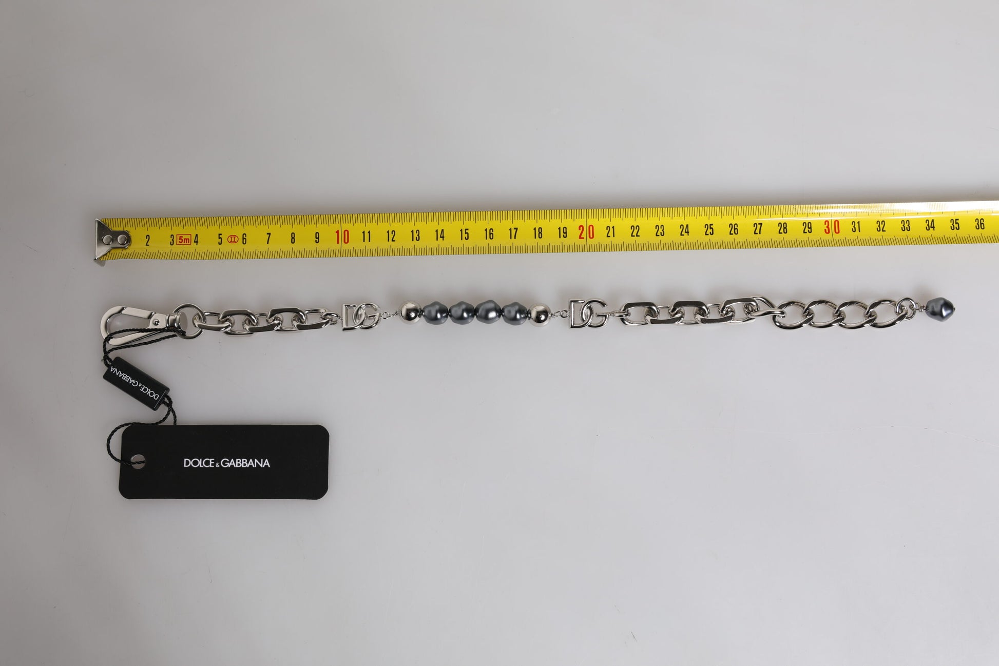 Dolce & Gabbana Silver Tone Chain Lobster Clasp Logo Gray Pearls Bracelet - ClickThatClicks 