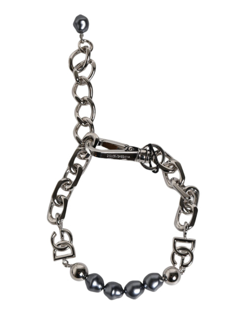Dolce & Gabbana Silver Tone Chain Lobster Clasp Logo Gray Pearls Bracelet - ClickThatClicks 
