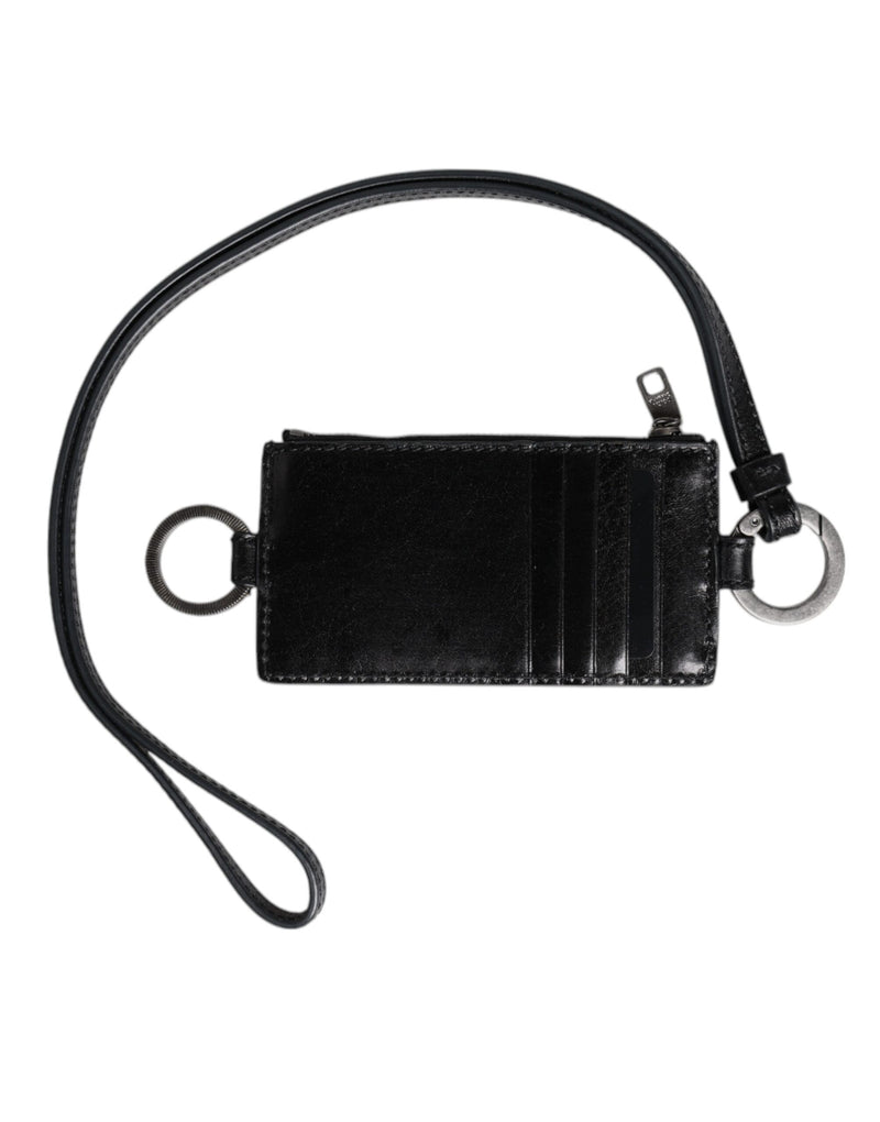 Dolce & Gabbana Black Leather Logo Embossed Lanyard Card Holder Wallet