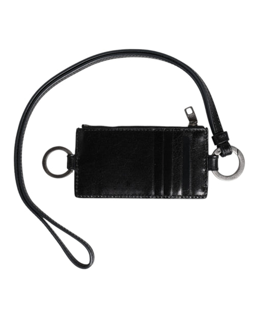 Dolce & Gabbana Black Leather Logo Embossed Lanyard Card Holder Wallet - ClickThatClicks 