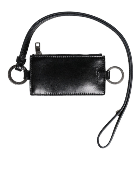 Dolce & Gabbana Black Leather Logo Embossed Lanyard Card Holder Wallet - ClickThatClicks 