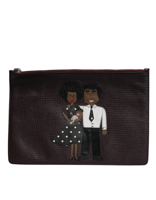 Dolce & Gabbana Brown Leather #DGFAMILY Embellished Men Clutch Pouch Bag - ClickThatClicks 