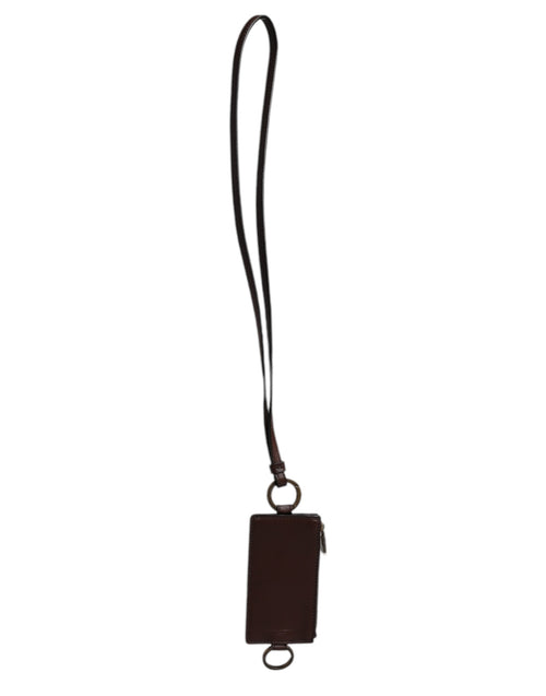 Dolce & Gabbana Brown Calf Leather Lanyard Logo Card Holder Wallet - ClickThatClicks 