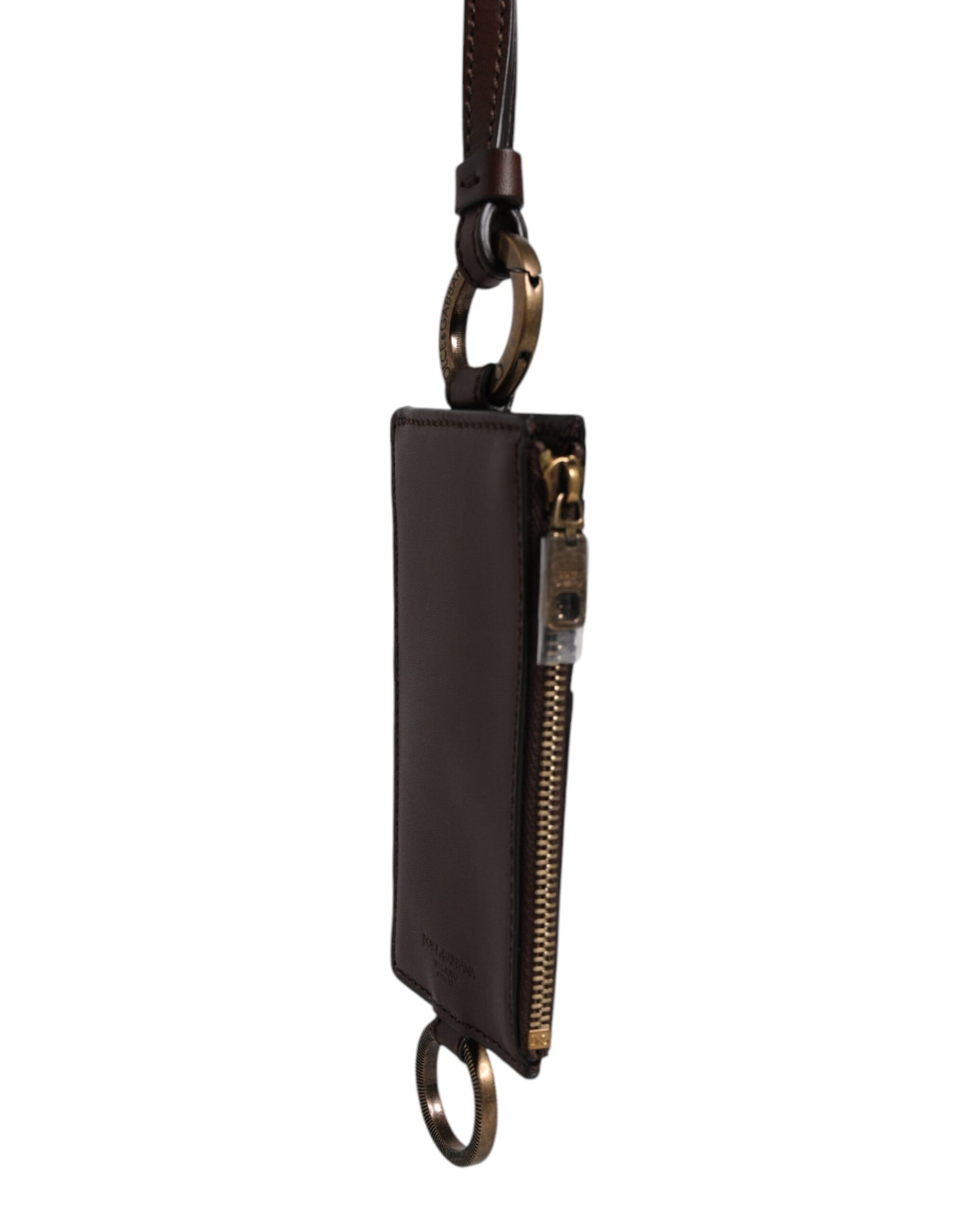 Dolce & Gabbana Brown Calf Leather Lanyard Logo Card Holder Wallet - ClickThatClicks 