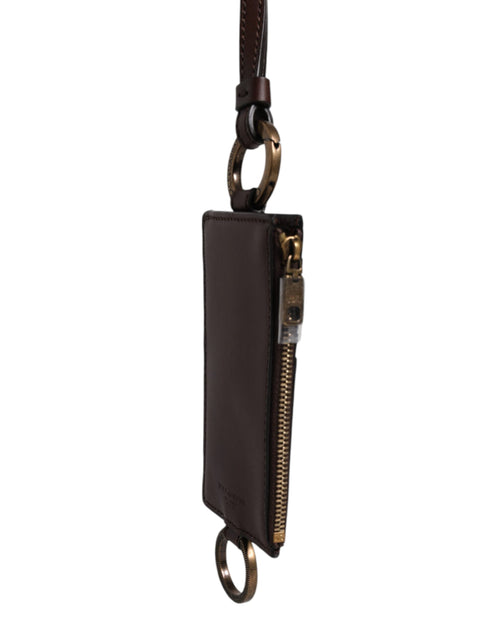Dolce & Gabbana Brown Calf Leather Lanyard Logo Card Holder Wallet - ClickThatClicks 