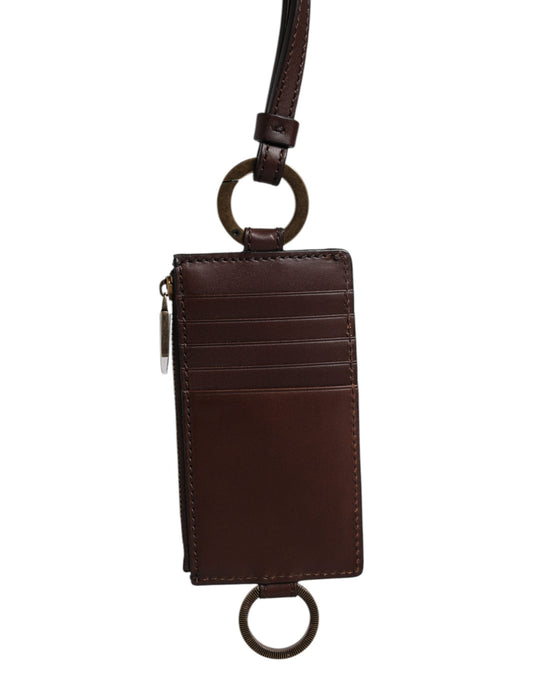Dolce & Gabbana Brown Calf Leather Lanyard Logo Card Holder Wallet - ClickThatClicks 