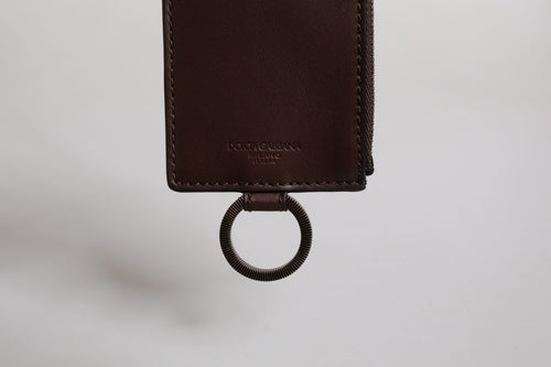 Dolce & Gabbana Brown Calf Leather Lanyard Logo Card Holder Wallet - ClickThatClicks 