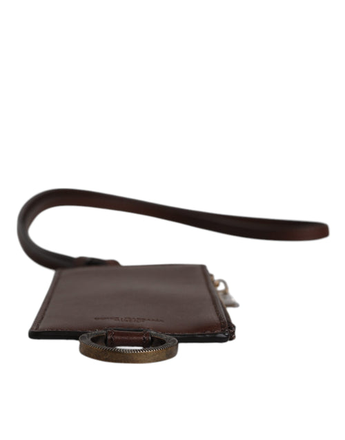 Dolce & Gabbana Brown Calf Leather Lanyard Logo Card Holder Wallet - ClickThatClicks 