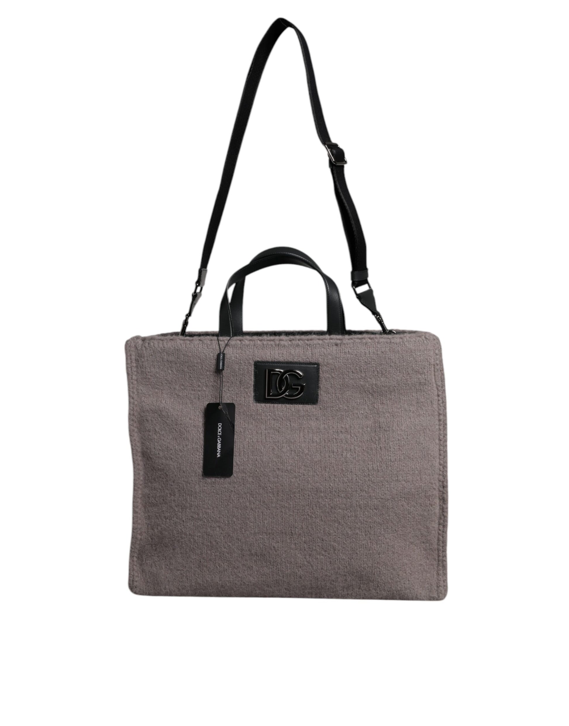 Dolce & Gabbana Grey Alpaca Wool Logo Plaque Tote Shoulder Bag - ClickThatClicks 