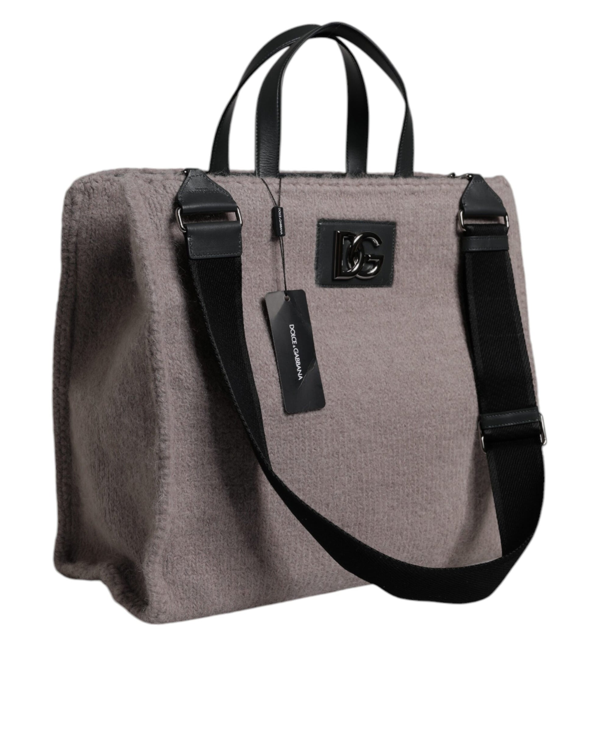 Dolce & Gabbana Grey Alpaca Wool Logo Plaque Tote Shoulder Bag - ClickThatClicks 