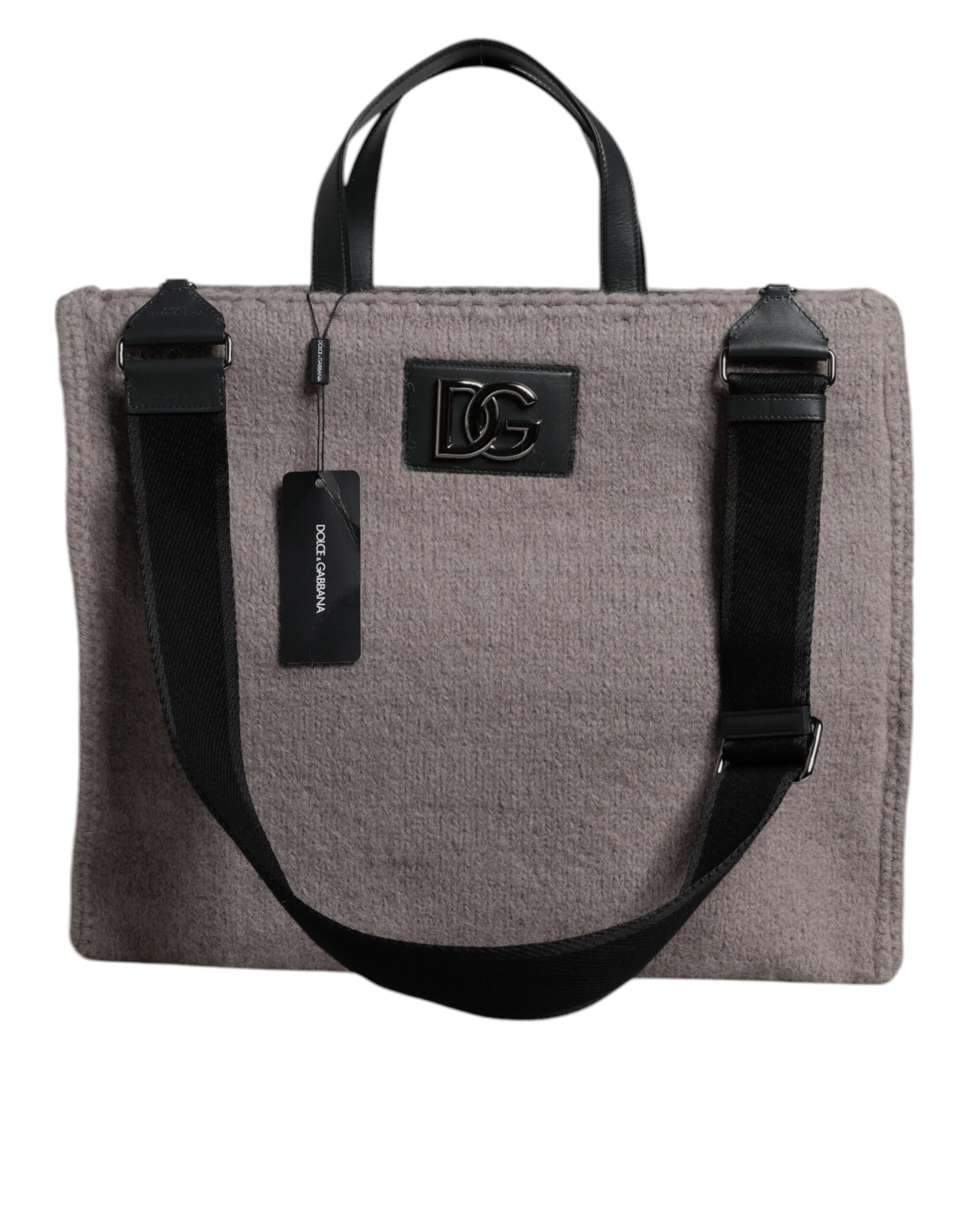 Dolce & Gabbana Grey Alpaca Wool Logo Plaque Tote Shoulder Bag - ClickThatClicks 
