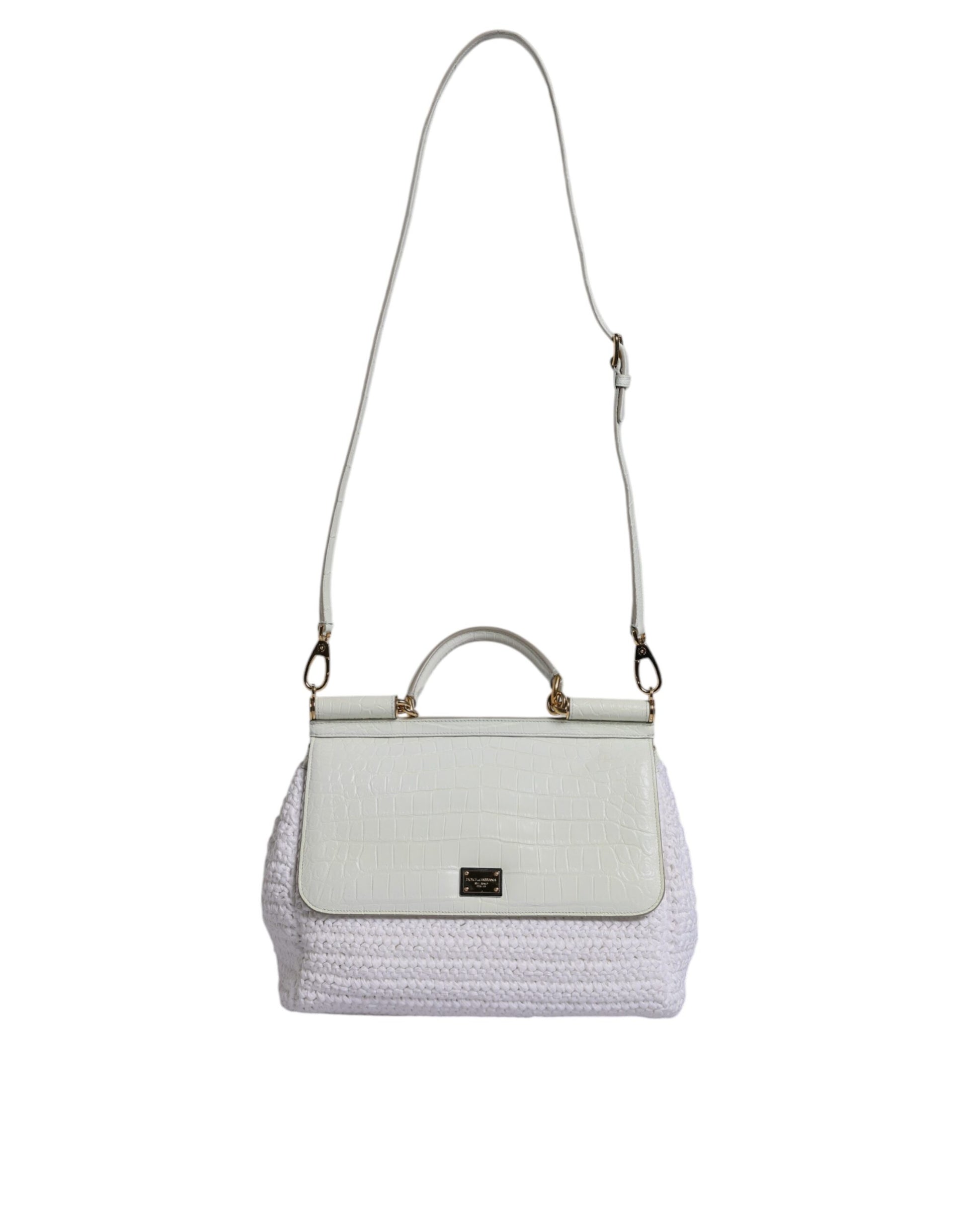 Dolce & Gabbana White Rafia Leather Top Handle Crossbody Bag - ClickThatClicks 