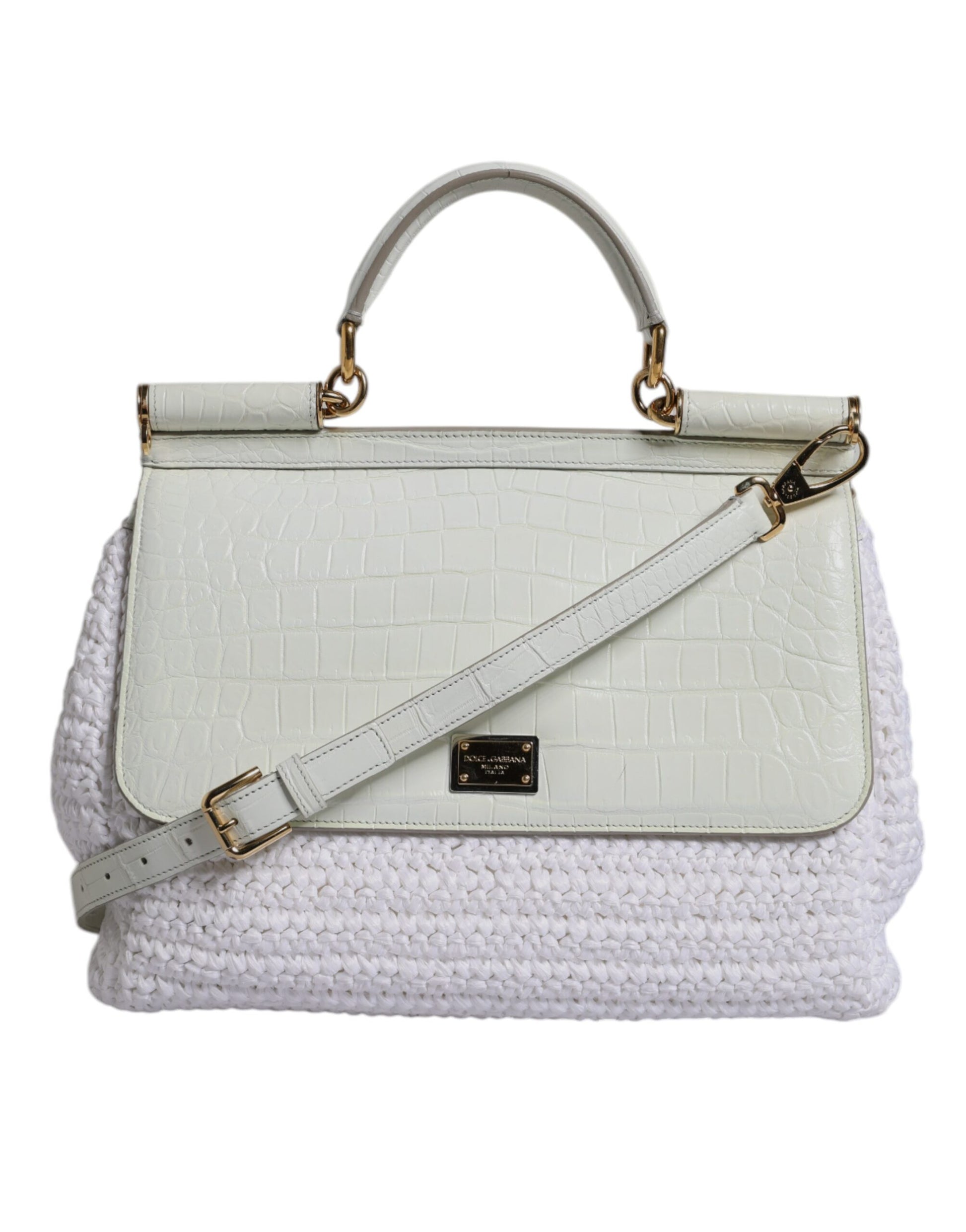 Dolce & Gabbana White Rafia Leather Top Handle Crossbody Bag - ClickThatClicks 