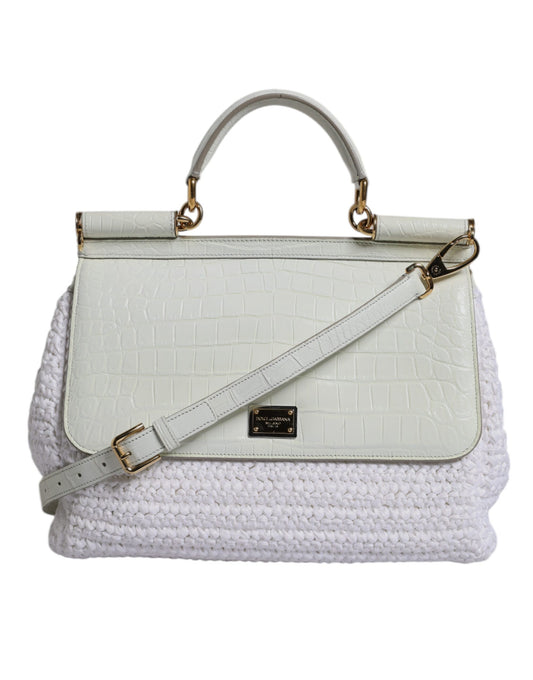 Dolce & Gabbana White Rafia Leather Top Handle Crossbody Bag - ClickThatClicks 