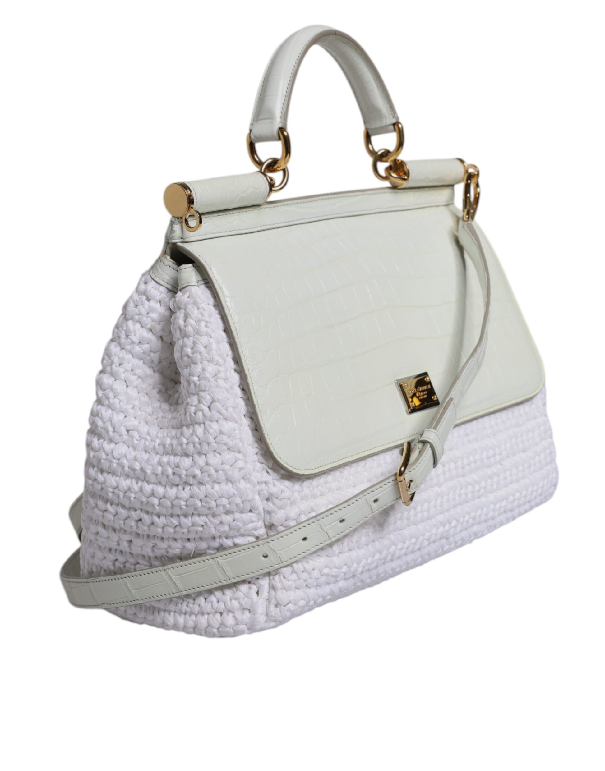 Dolce & Gabbana White Rafia Leather Top Handle Crossbody Bag - ClickThatClicks 