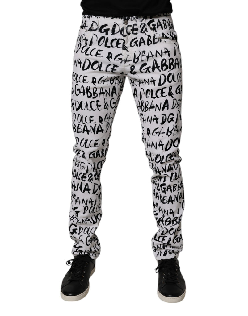 Dolce & Gabbana White Cotton Logo Print Skinny Denim Jeans