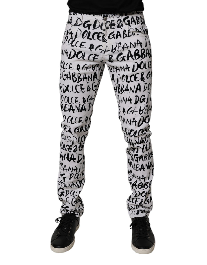 Dolce & Gabbana White Cotton Logo Print Skinny Denim Jeans