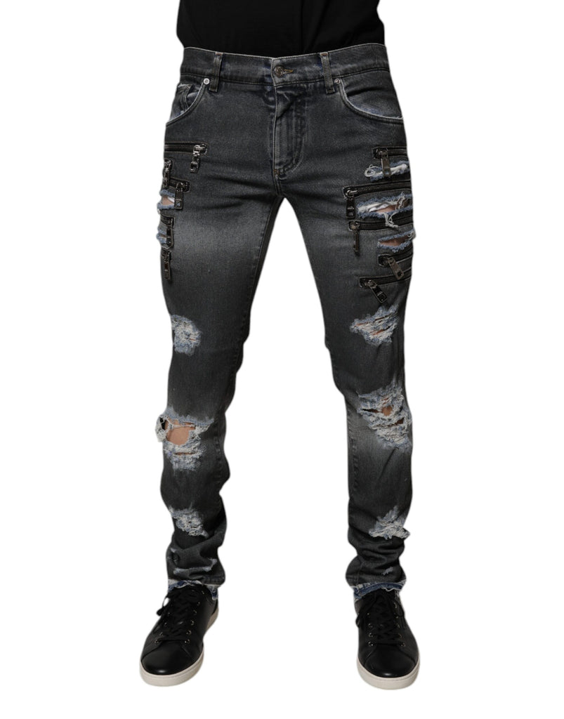 Dolce & Gabbana Dark Gray Tattered Cotton Skinny Denim Jeans